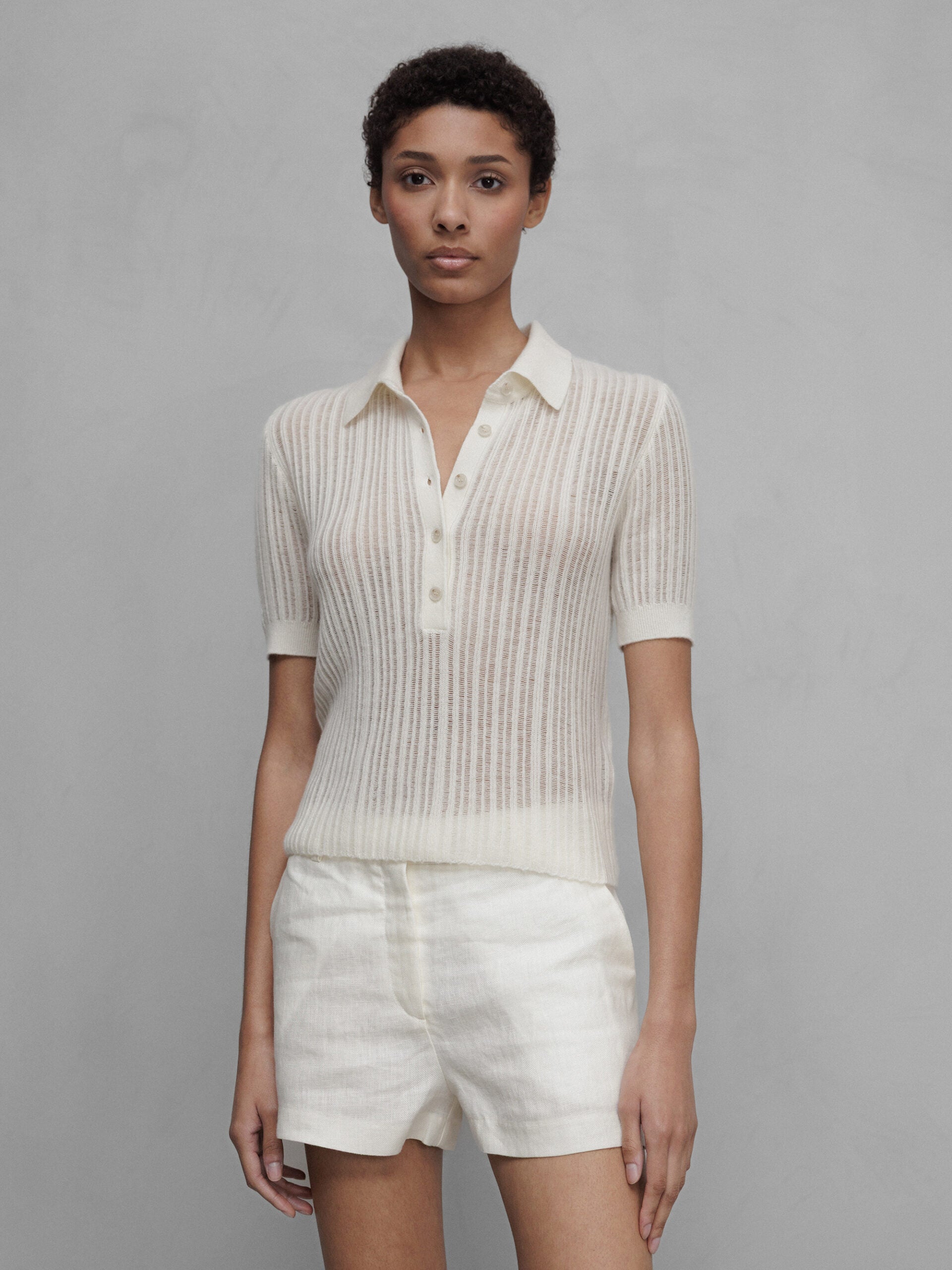 ALLUDE Kurzarm- Strickhemd aus Cashmere Damen (40 WEISS)