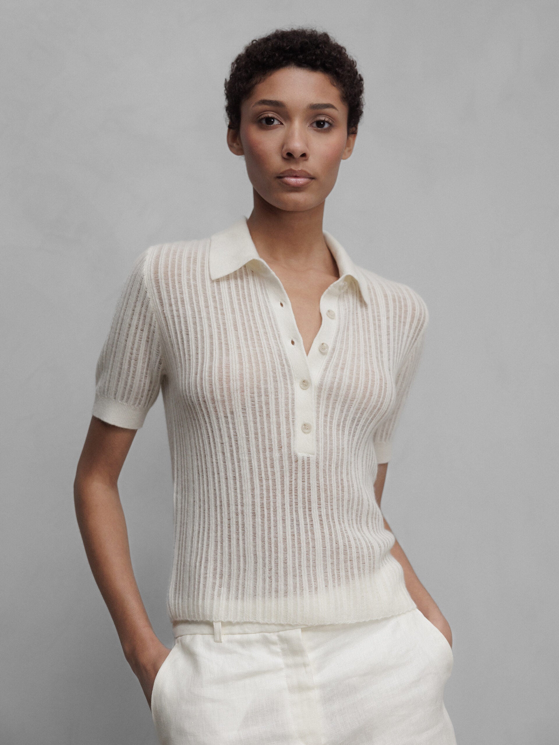 ALLUDE Kurzarm- Strickhemd aus Cashmere Damen (40 WEISS)