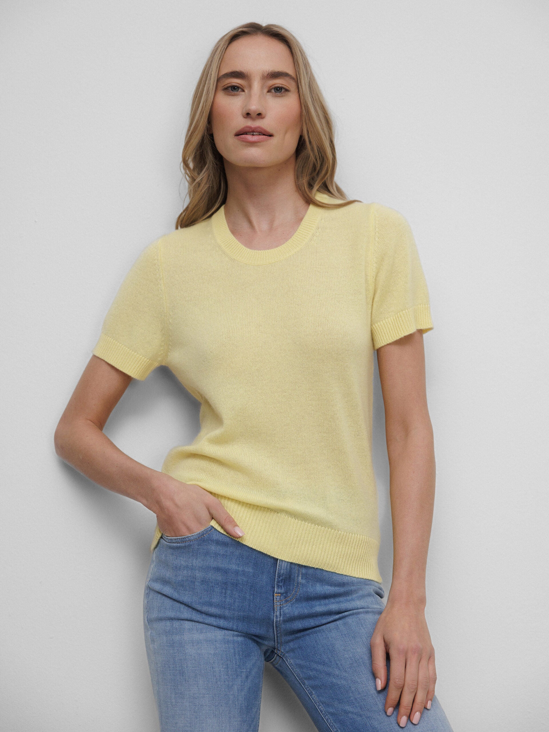 ALLUDE Kurzarm- Feinstrickpullover aus Cashmere Damen (21 GELB)